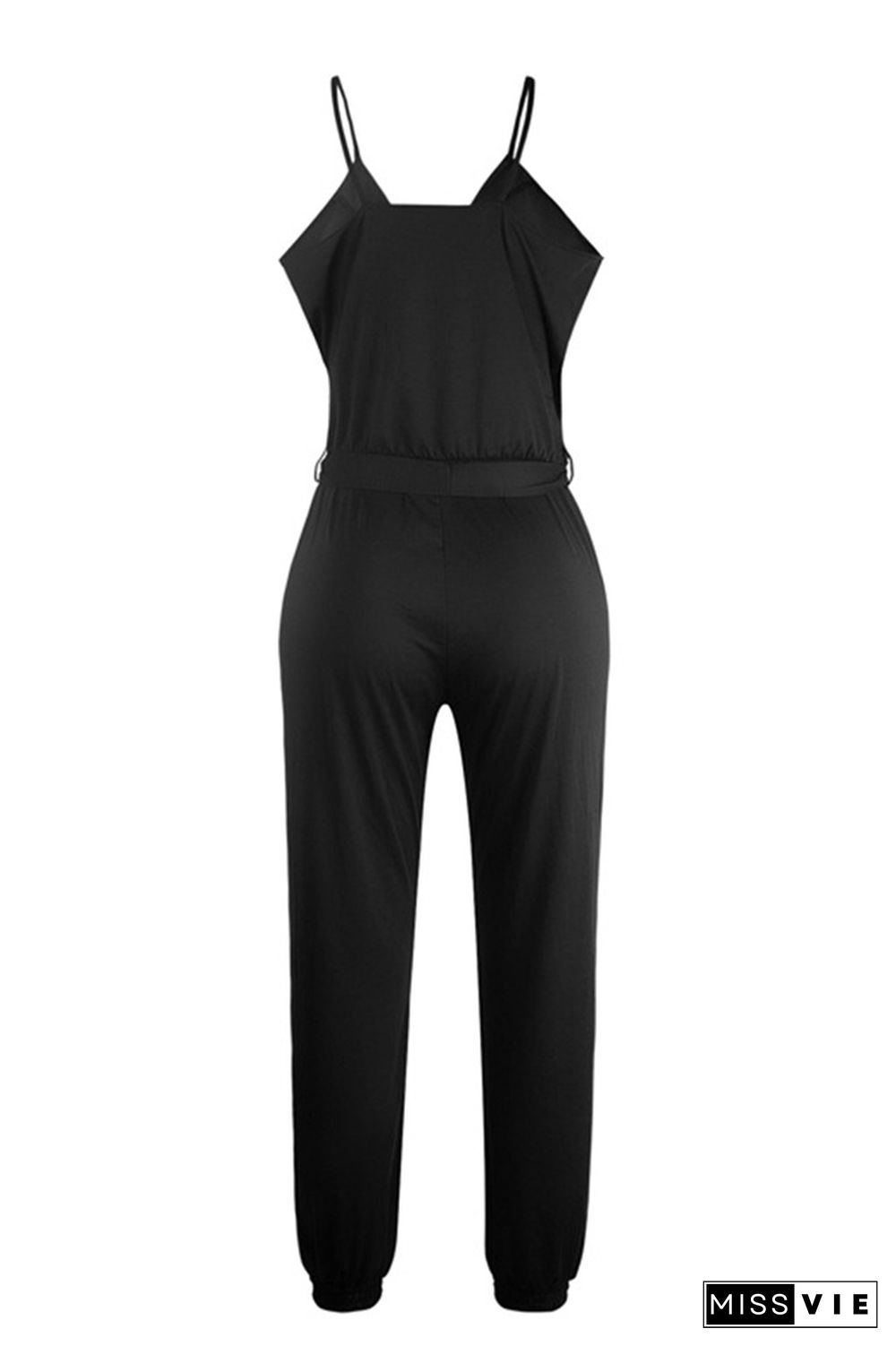 Black Solid Color Slip Jumpsuit With Belt