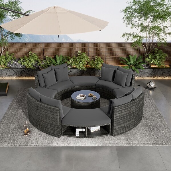 9Piece Outdoor Patio Furniture，Circular Outdoor Sofa Set with Tempered Glass Coffee Table