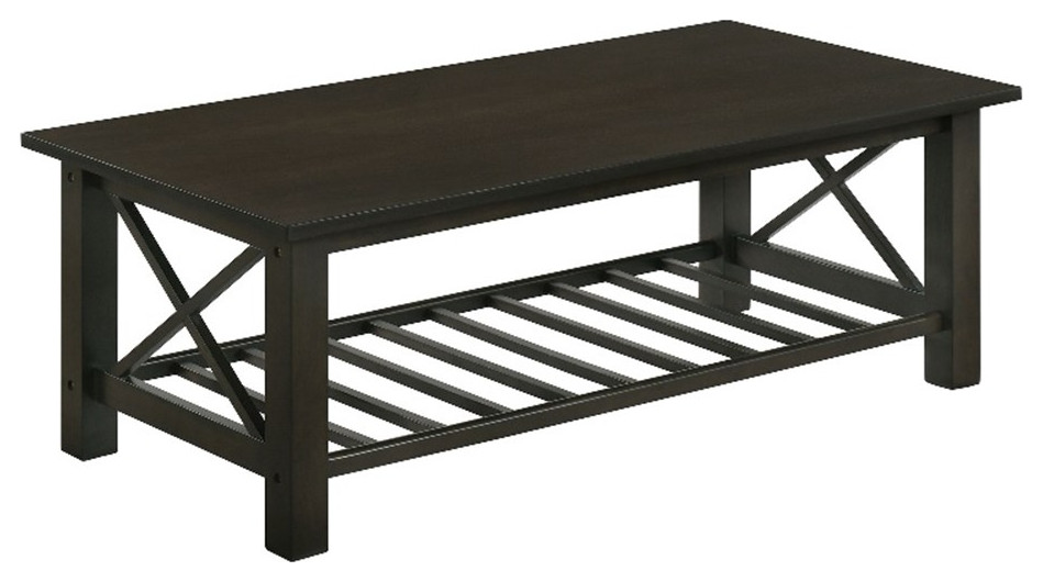 Viki 47 Inch Brown Coffee Table Crossed Accents Slatted Open Bottom Shelf   Transitional   Coffee Tables   by Homesquare  Houzz