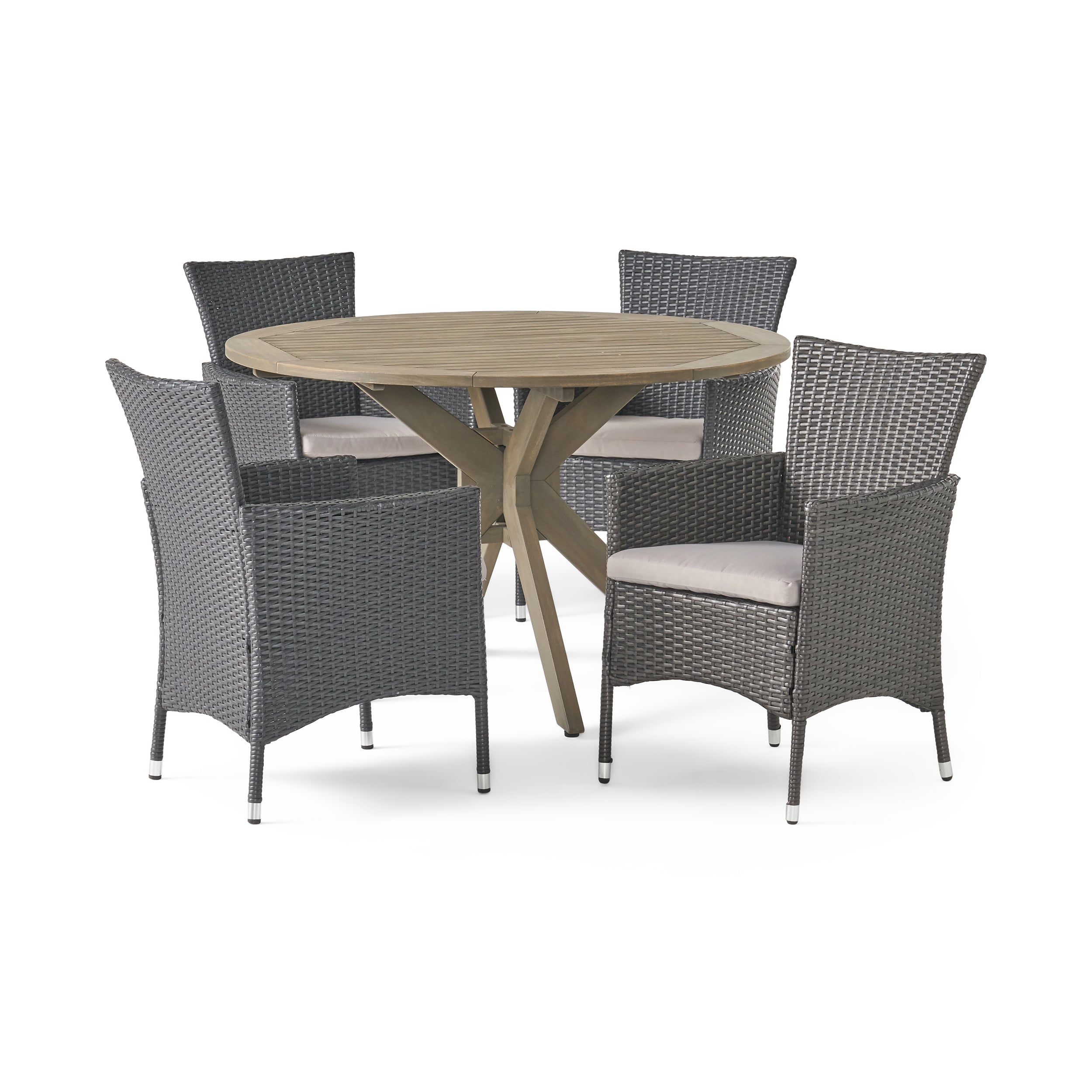 Key Outdoor 5 Piece Wood and Wicker Dining Set, Gray and Gray