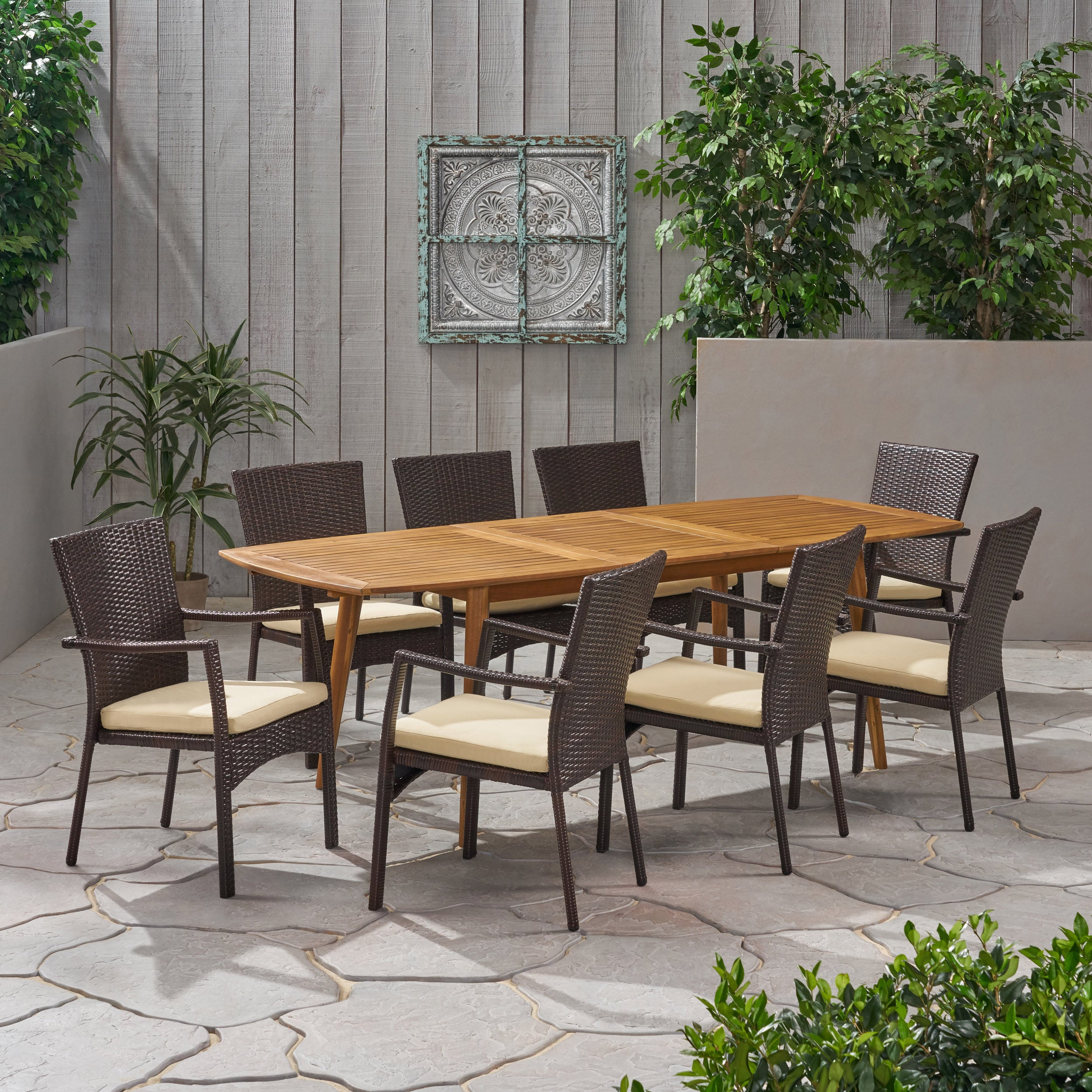 Jabari Outdoor Wood and Wicker Expandable 8 Seater Dining Set