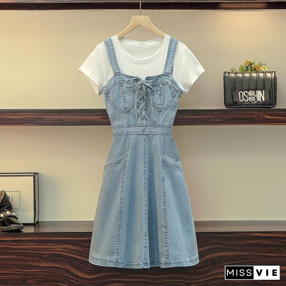 Basic Tee+Denim Cami Dress P10137