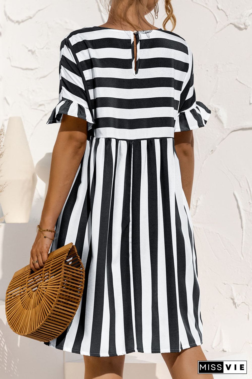 Fashion Casual Striped Split Joint O Neck A Line Dresses