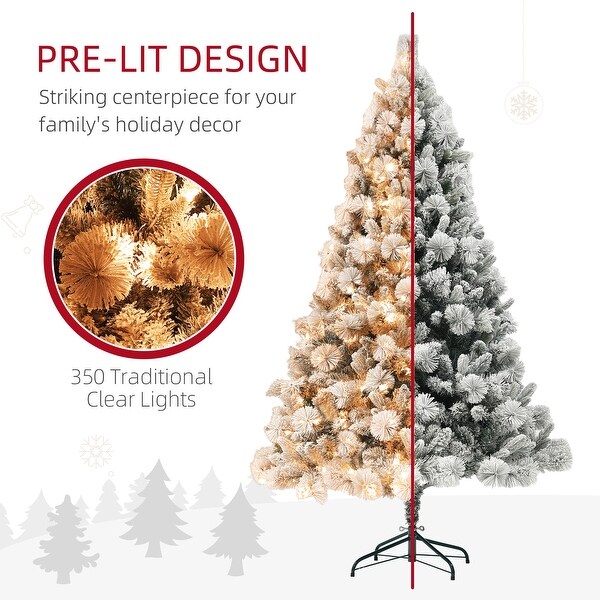 HOMCOM 6.5 ft PreLit Artificial Christmas Tree with 350 Clear Lights and 1107 Tips，Snow Flocked Christmas Tree