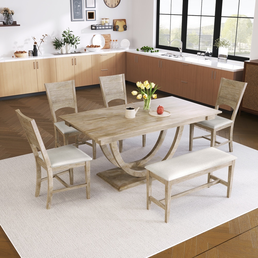 Unique Wood Dining Table Set with Bench and 4 Dining Chairs