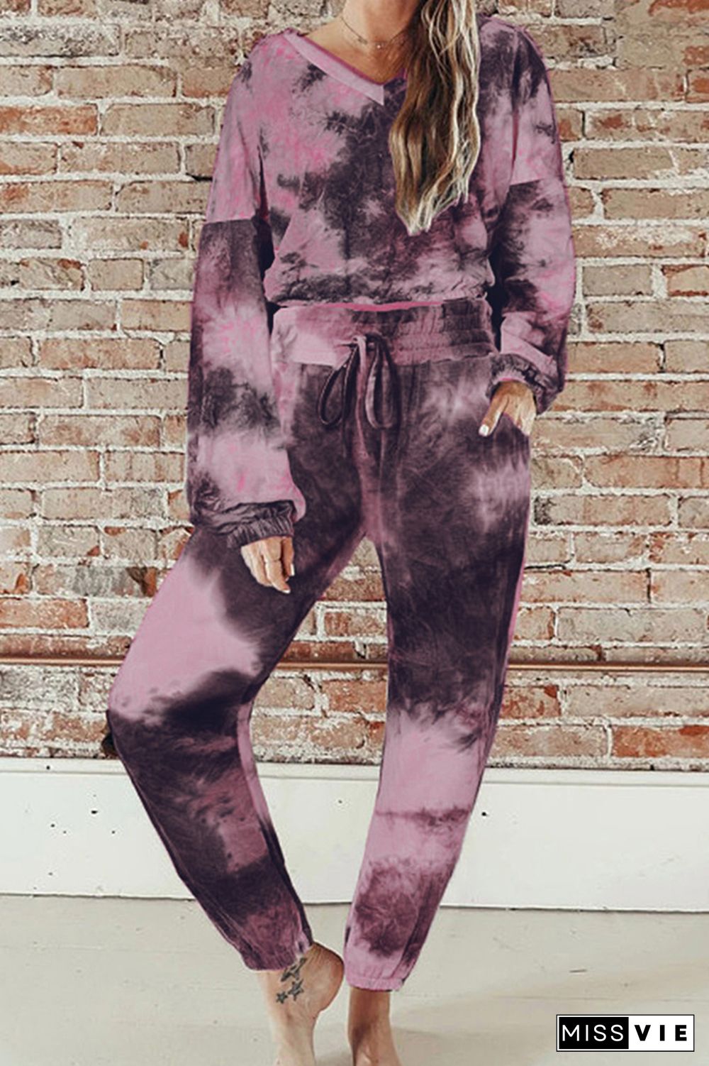 Fashion Purple Tie Dye Drawstring Long Sleeves Tops & Pants Sports Set Wholesale