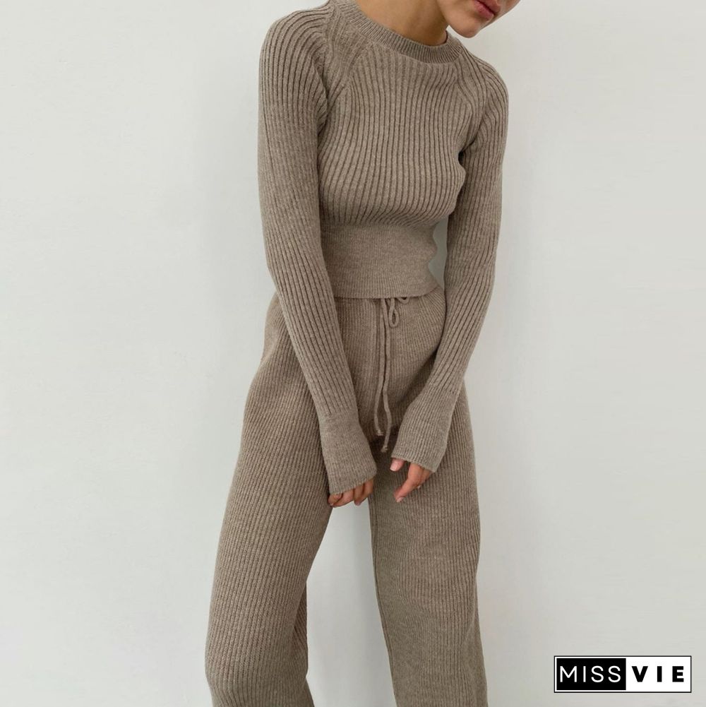 Knit Pullover Sweater Suit 2 Pieces Set Solid Women Tracksuit O Neck Sweater Long Pant New Fashion Chic Casual Knitted Outwear