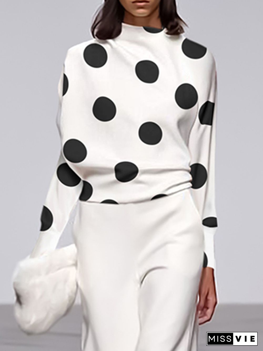 Long Sleeves Loose Polka Dot Stand Collar T-Shirts