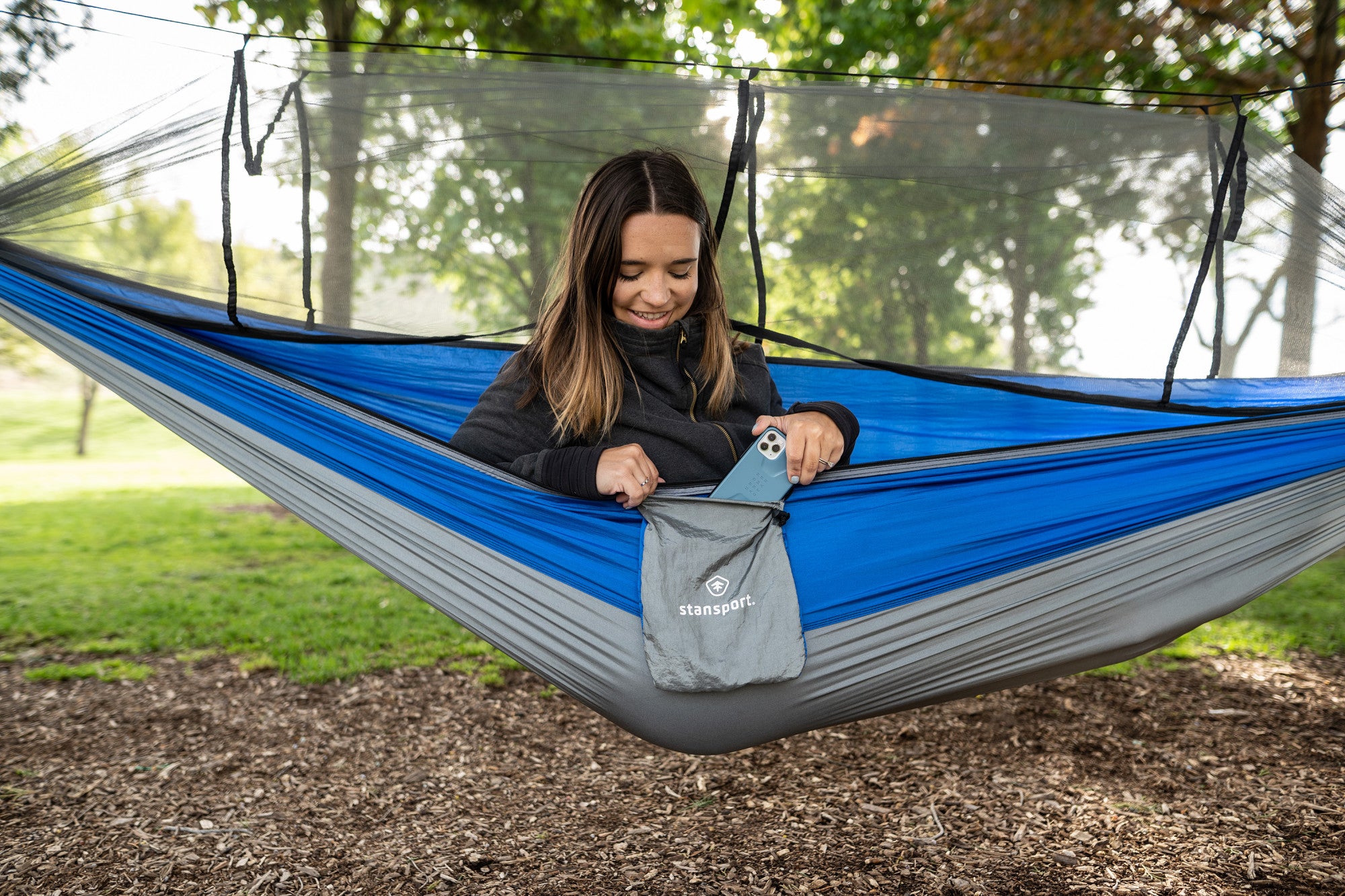 Stansport Packable Nylon Hammock with Mosquito Netting - Blue - 102” length x 54” width - Camping Outdoors