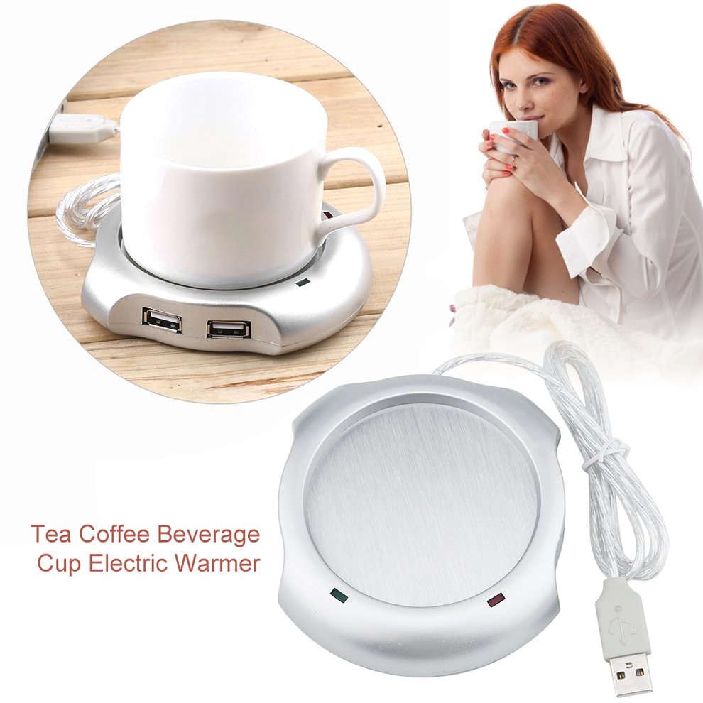 New Arrival Beverage Cup Silver 4 Port USB Hub Tea Coffee Cup Mug Warmer 50掳C Max Liquid Temperature Electric Warmer For PC Heater Pad Silver