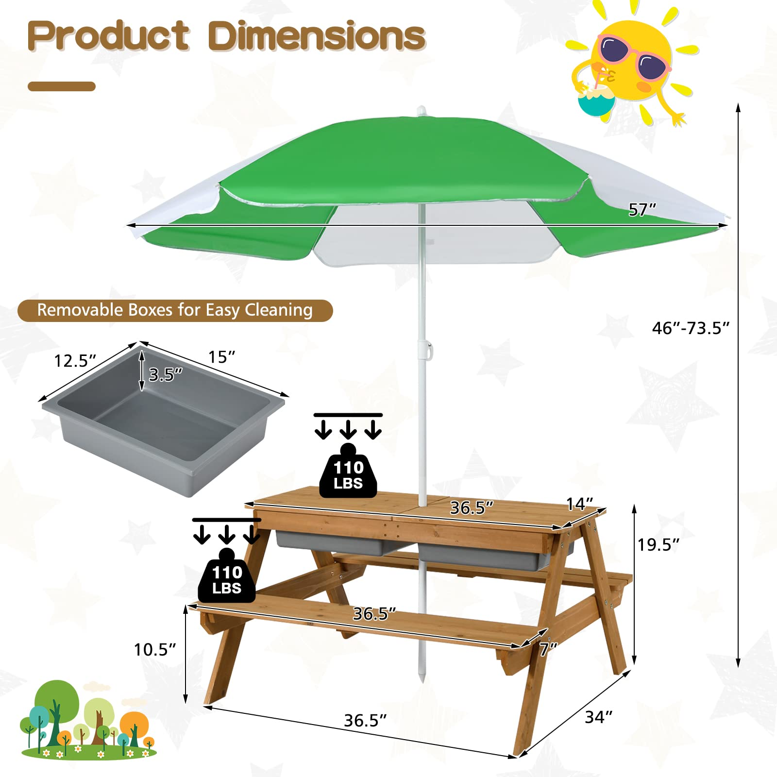 Costzon Kids Picnic Table, 3 in 1 Sand & Water Table w/Height Adjustable Umbrella