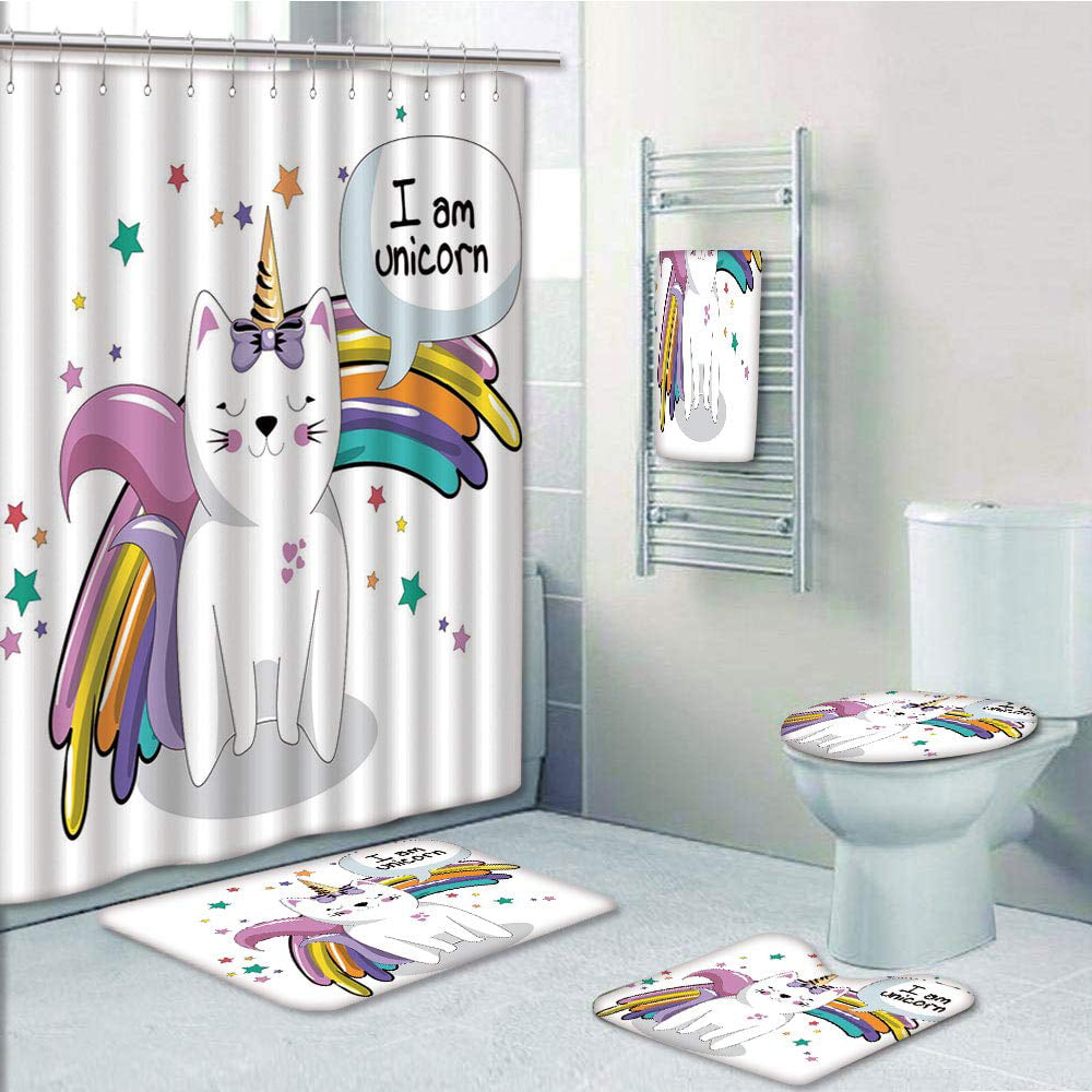 PRTAU Unicorn Cat Fairy Animal with Ice Cone Bow Stars Rainbow Kids Imagination Fiction 5 Piece Bathroom Set Shower Curtain Bath Towel Bath Rug Contour Mat and Toilet Lid Cover