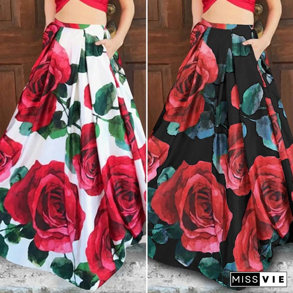 Women Floral Print Long Skirt Swing Dress High Waist Pleated Party Casual Umbrella Maxi Skirt Plus Size