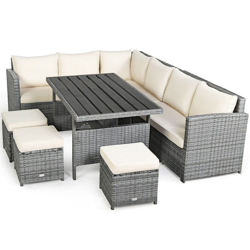 7 Pcs Rattan Patio Dining Furniture Sectional Sofa Set with Dining Table, Ottomans & Cushions