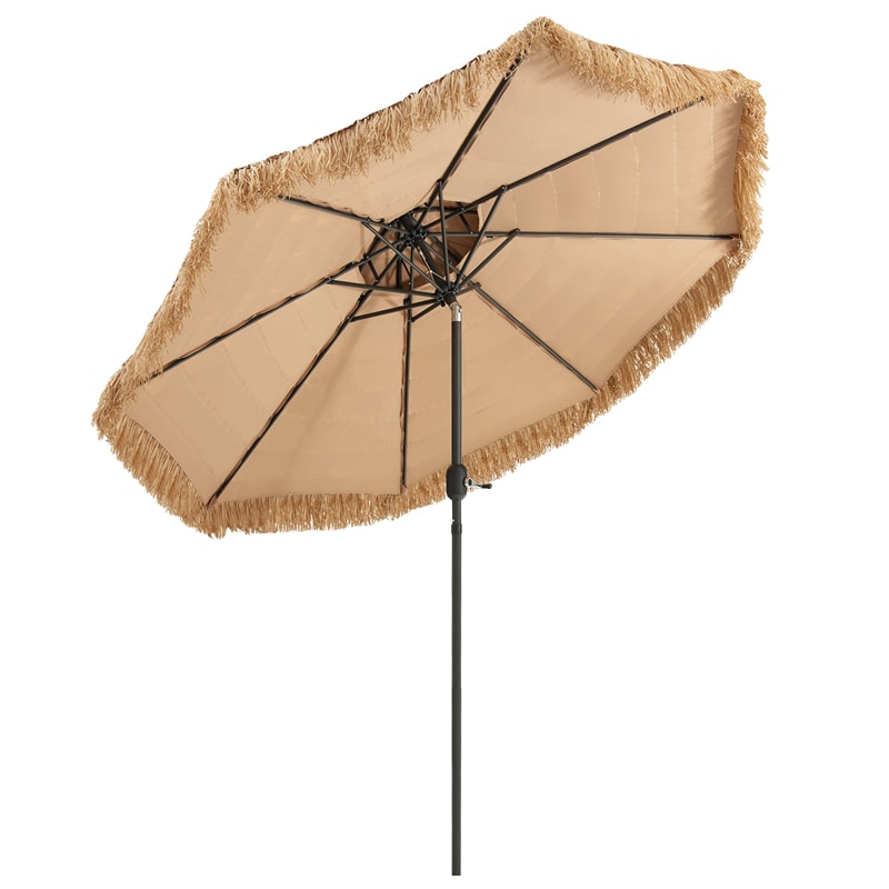 9 ft 2-Tier Thatched Patio Umbrella Hawaiian Style Grass Beach Umbrella with Crank Handle