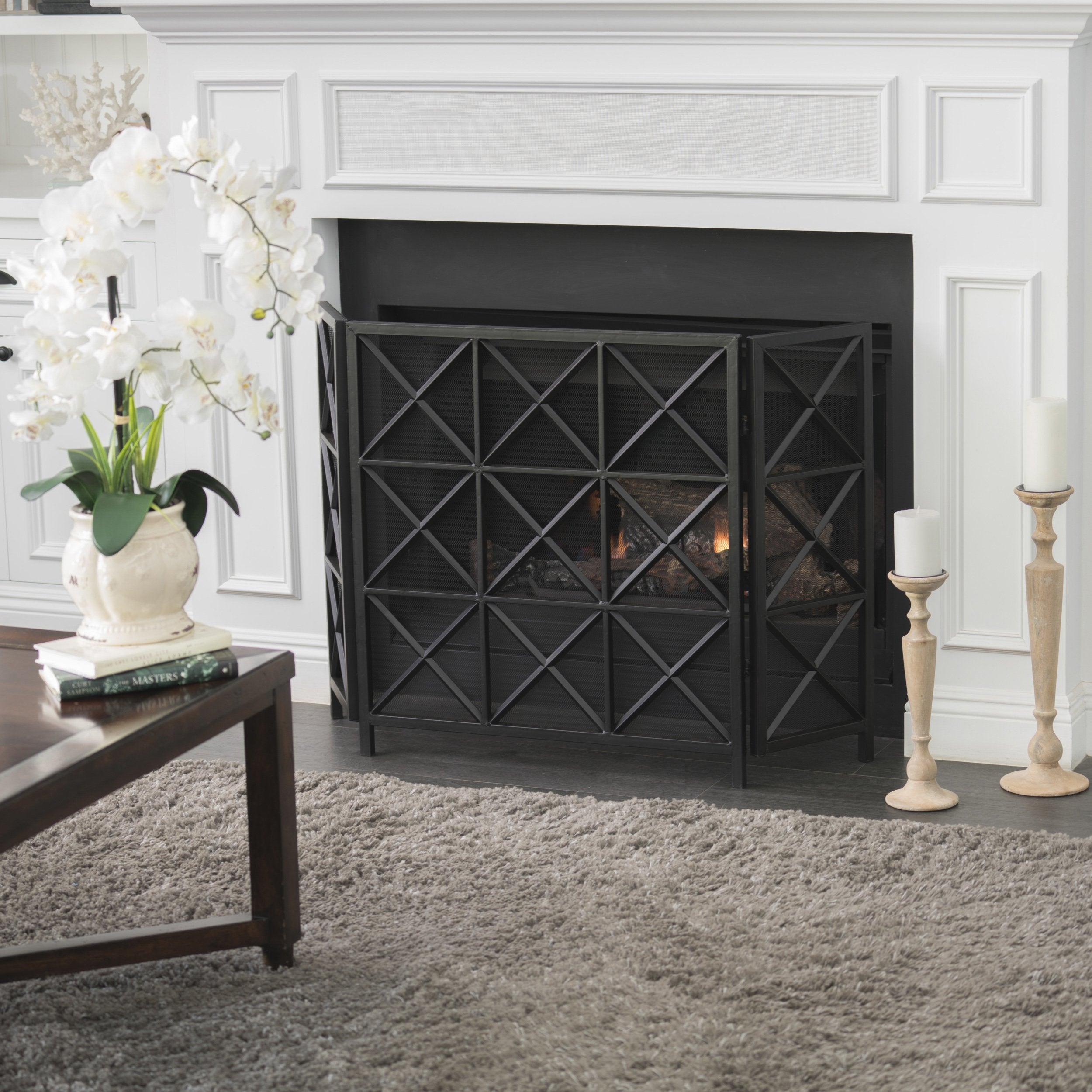 Mandralla Modern 3-Panel Iron Fireplace Screen with Cross Hatch Pattern