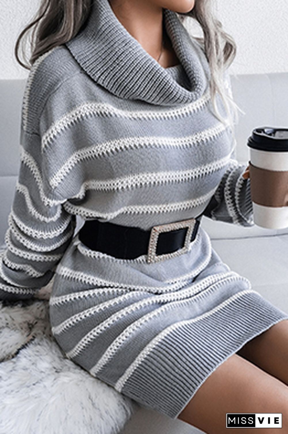 Casual Striped Split Joint  Contrast Turtleneck Dresses  (Without Belt)