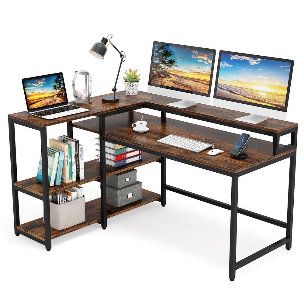 TRIBESIGNS WAY TO ORIGIN Halseey 55 in. W L-Shaped Brown Corner Computer Desk Writing Studying Reading Desk 2-Tier Storage Shelves Monitor Stand HD-JW0052-WZZ