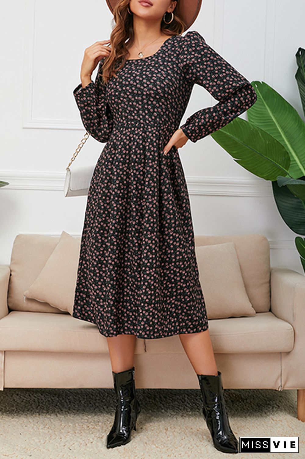 Elegant Floral Split Joint Square Collar A Line Dresses