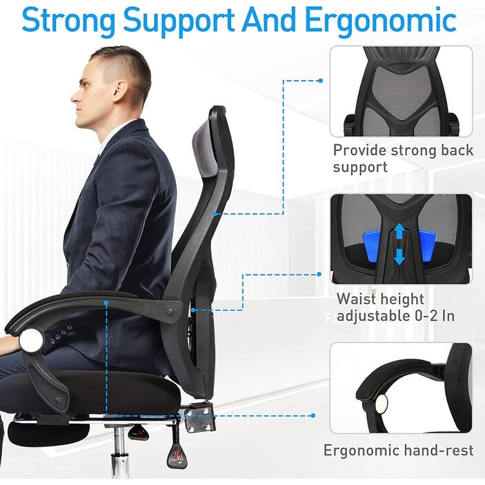 Ergonomic Office Desk Chair Mesh High Back Leather Headrest Adjustable Lumbar Support Recliner  Black   26\