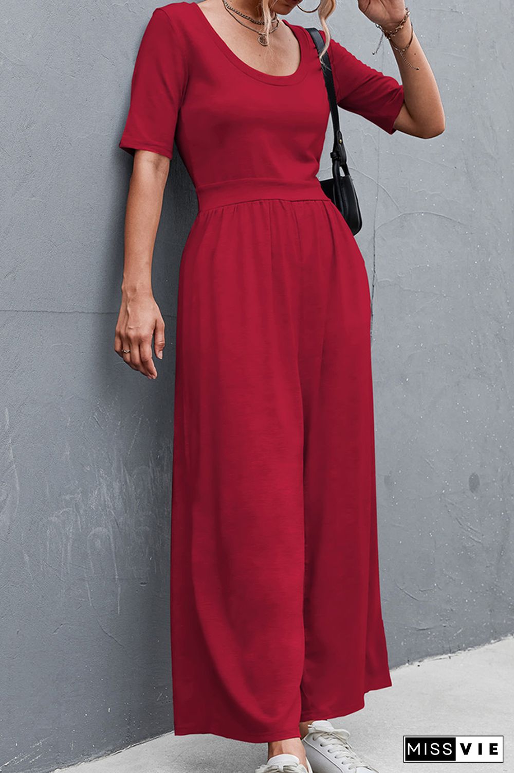 Solid Color Short Sleeve Wide Leg Jumpsuit Wholesale