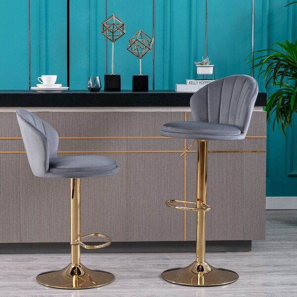 Modern Bar Stools Set of 2 Adjustable Mechanical Lifting Velvet and Golden Leg Bar Stool， Chrome Footrest and Base Swivel Height