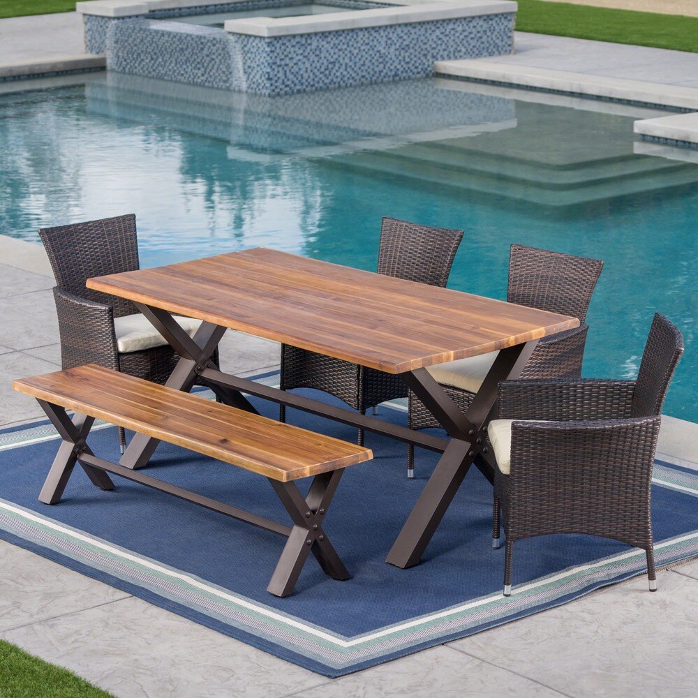 Ozark Outdoor 6 Piece Rectangle Wicker Wood Dining Set with Cushions by Christopher Knight Home