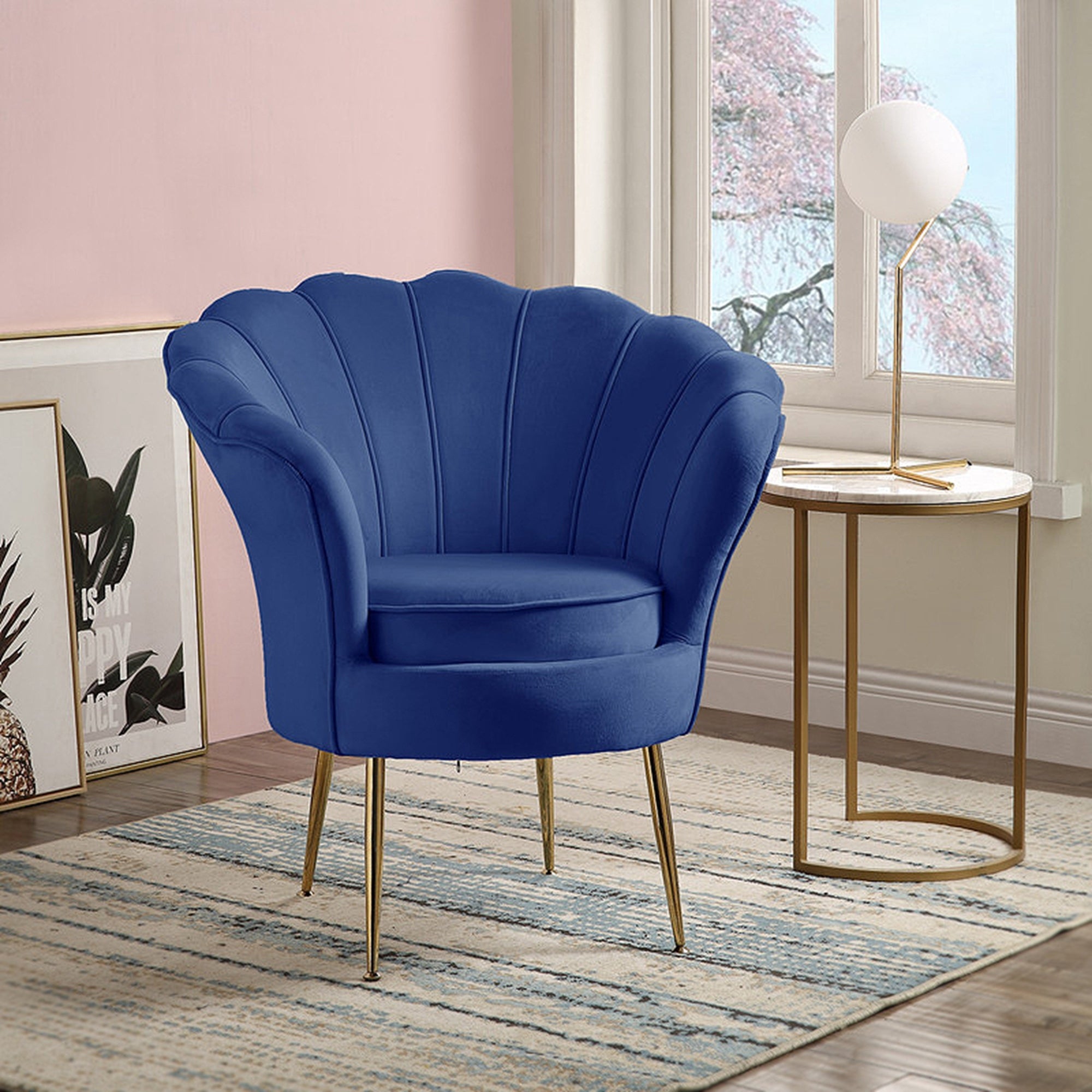 Velvet Scalloped Back Barrel Accent Chair with Metal Legs