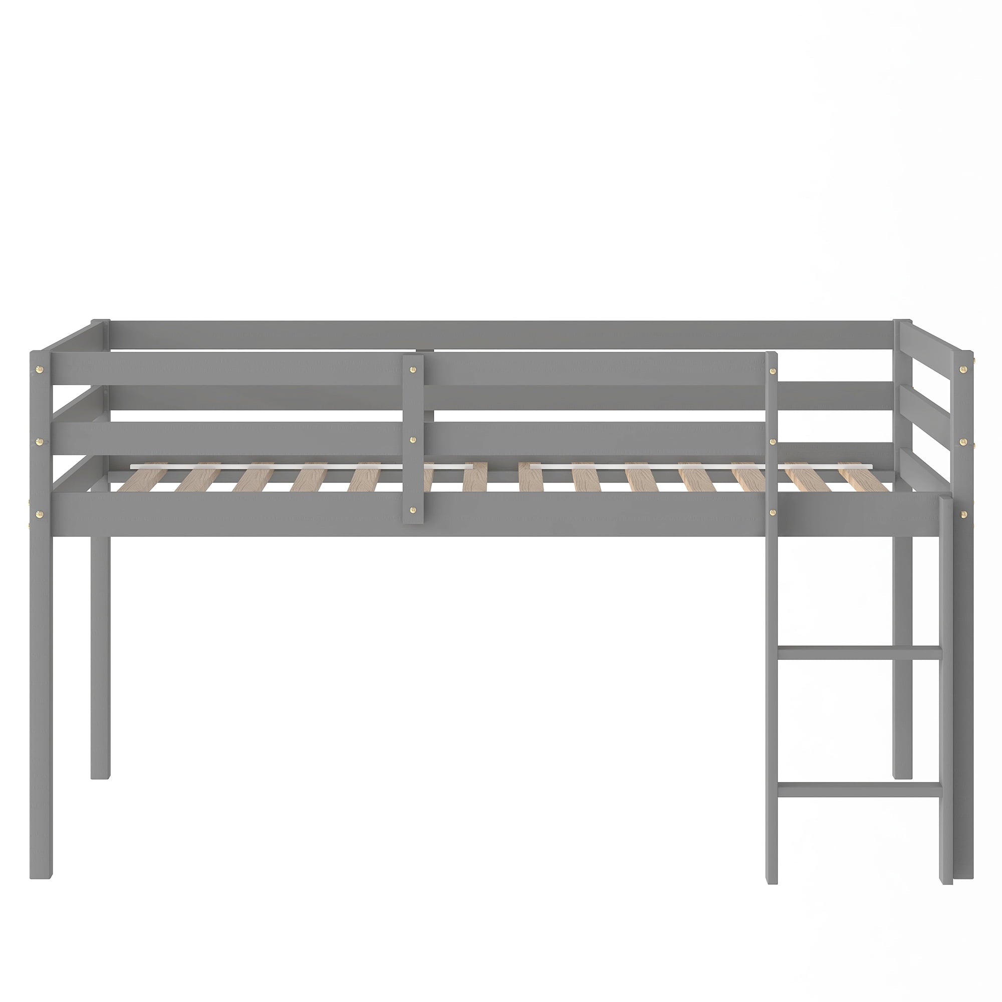 Twin Wood Loft Bed with Full-length Safety Rail and Ladder, Modern Twin Size Loft Bed Frame for Kids Teens Adult, Space Saving Bedroom Low Loft Bed, No Box Spring Needed, Gray, J2319