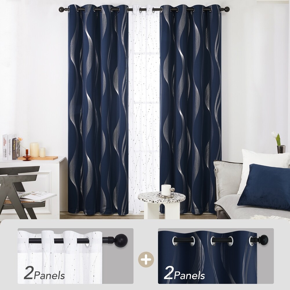 Deconovo Mix and Match Blackout and Sheer 4 Piece Wave Curtain Panel Set