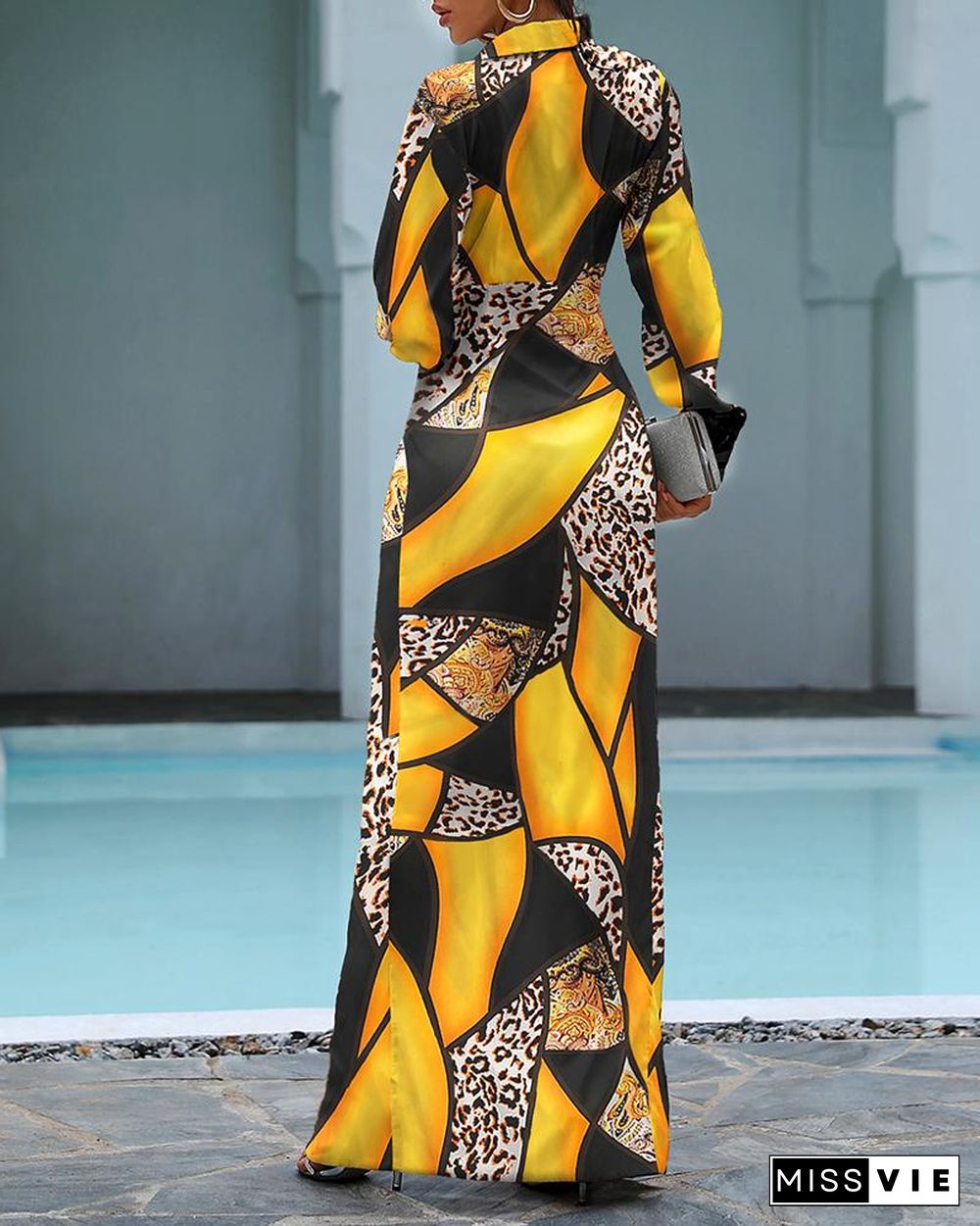 Cheetah Print Colorblock Twisted High Slit Shirt Dress