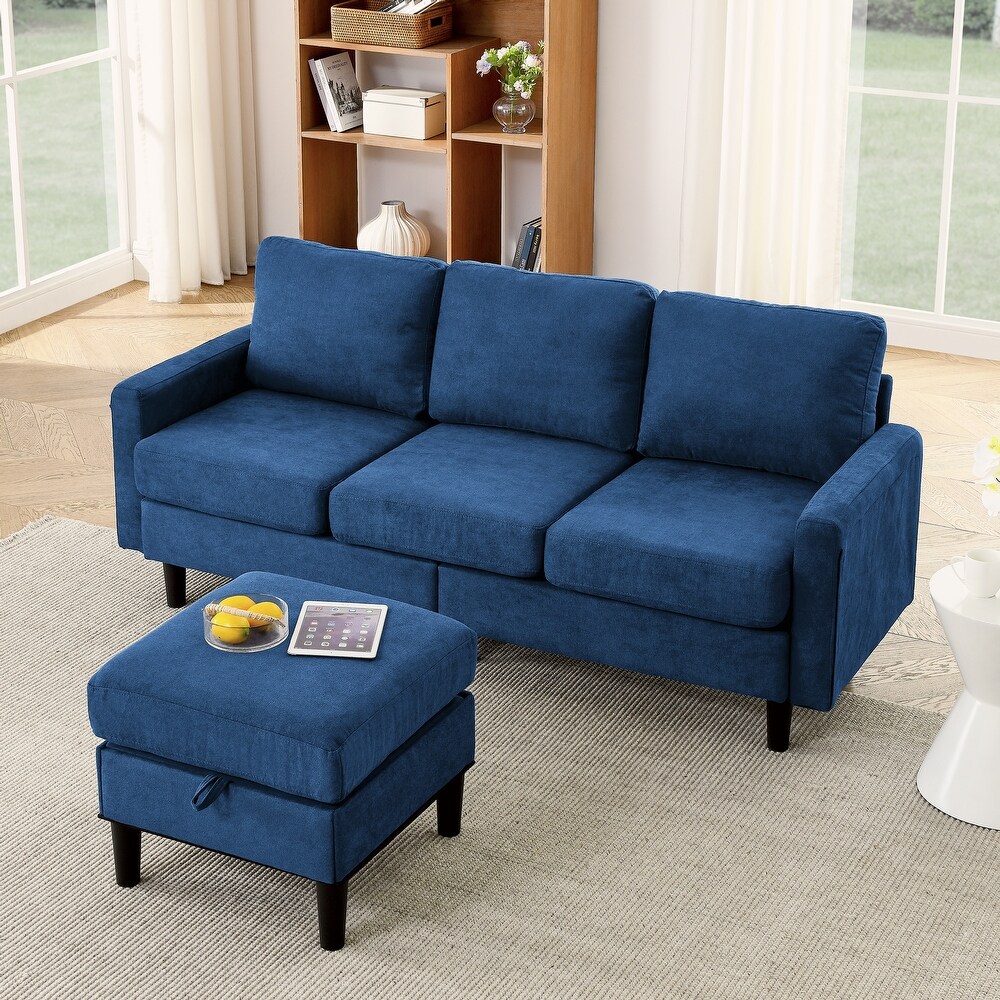 Navy Blue Upholstered L Shaped 3 Seater Sectional Sofa with Reversible Ottoman