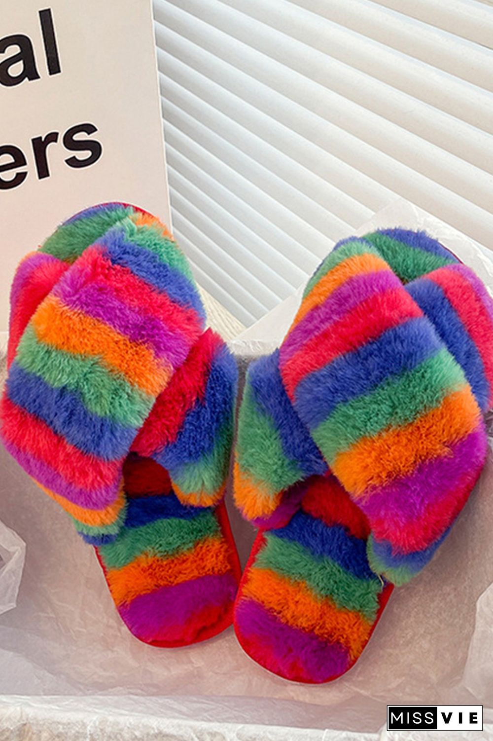 Multicolor Fluffy Criss-cross Home Slippers Wholesale