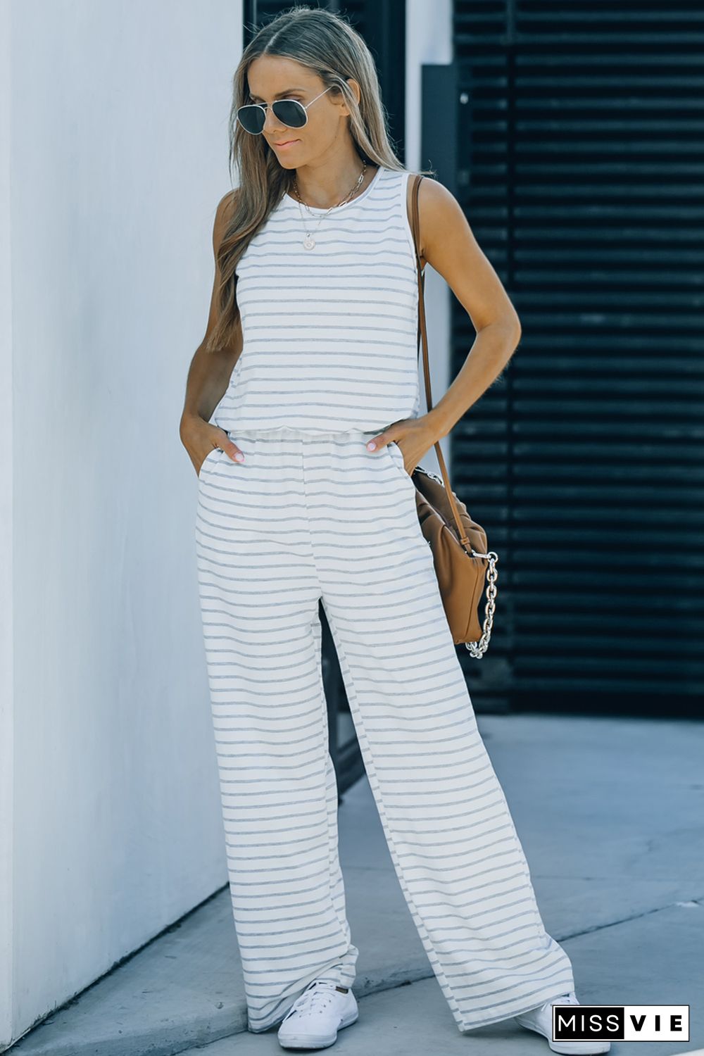 White Striped Print Pocketed Sleeveless Jumpsuit