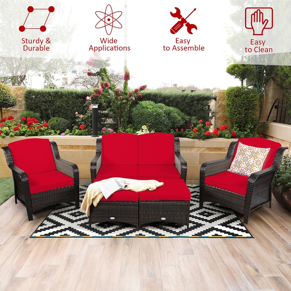 Costway 5PCS Patio Rattan Furniture Set Loveseat Sofa Ottoman