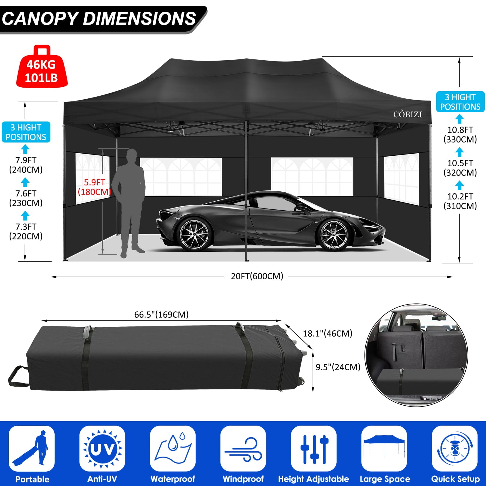 10'x20' Canopy EZ Pop Up Canopy Anti-UV Waterproof Outdoor Tent Portable Party Commercial Instant Canopy Shelter Height Adjustable Tent Gazebo with 6 Removable Sidewalls, 6 Sandbags, Roller Bag, Black