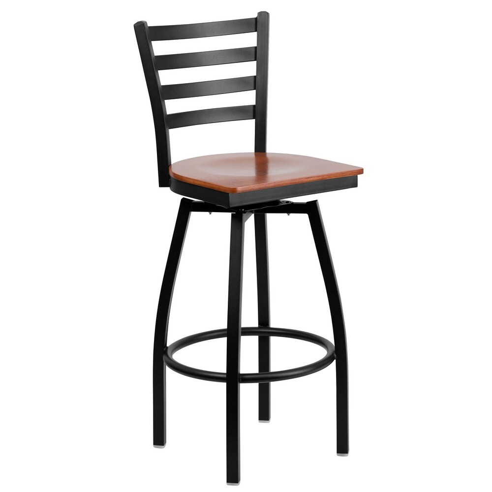 Offex HERCULES Series Black Ladder Back Swivel Metal Bar Stool - Cherry Wood Seat [OF-XU-6F8B-LADSWVL-CHYW-GG]