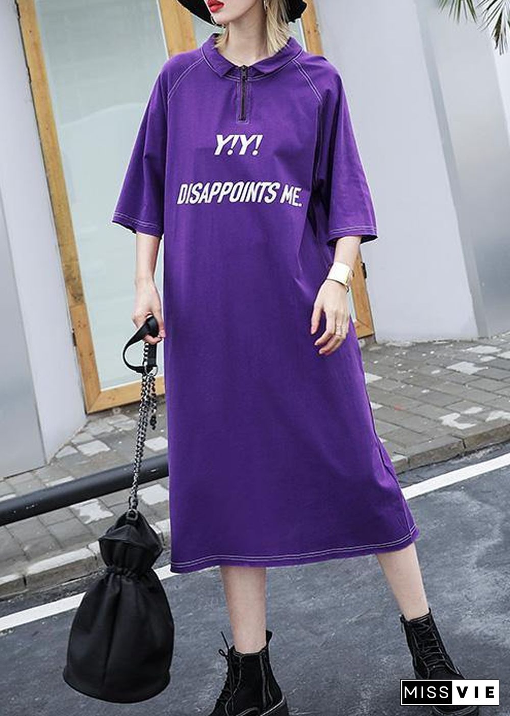 Women purple cotton outfit alphabet prints long summer Dress