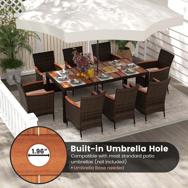 Costway 9PCS Patio Wicker Dining Set Acacia Wood Table Top Umbrella