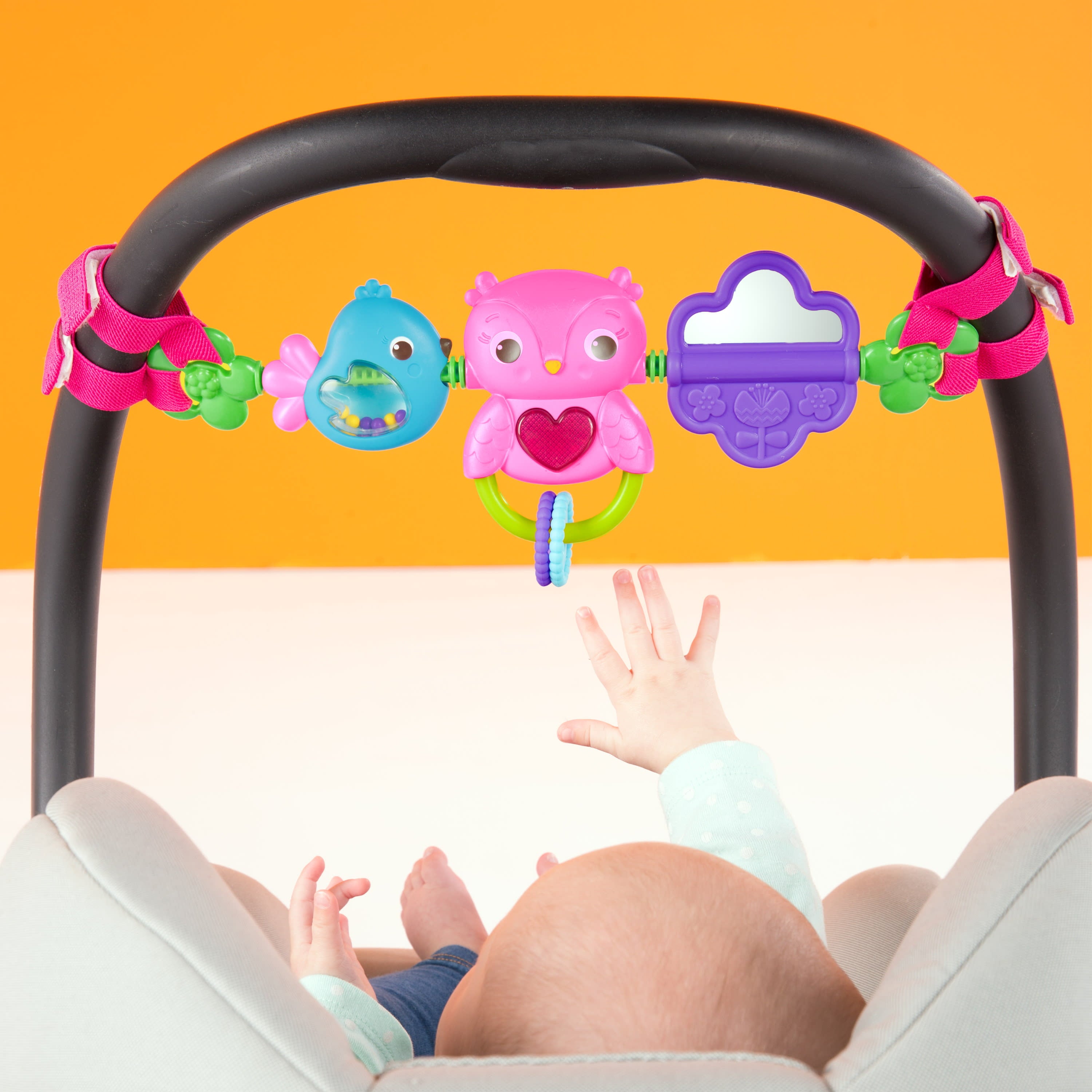 Bright Starts Busy Birdies Carrier Toy Bar Musical Take-Along Toy with Lights， Ages Newborn +