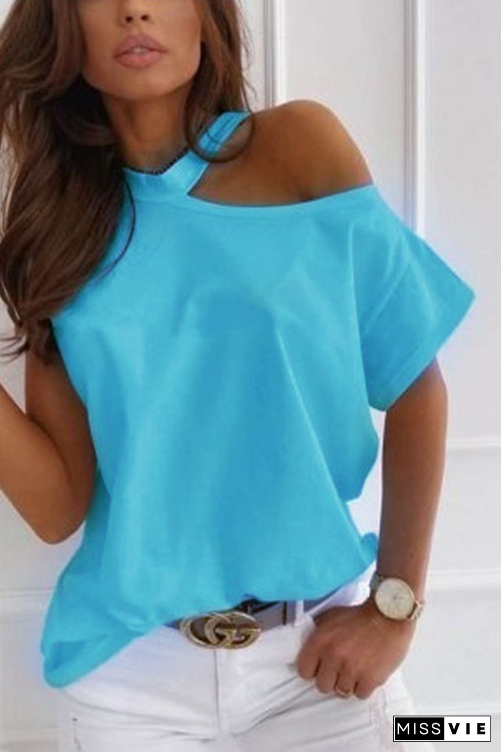 Blue Solid Color Off Shoulder Short Sleeve Tee