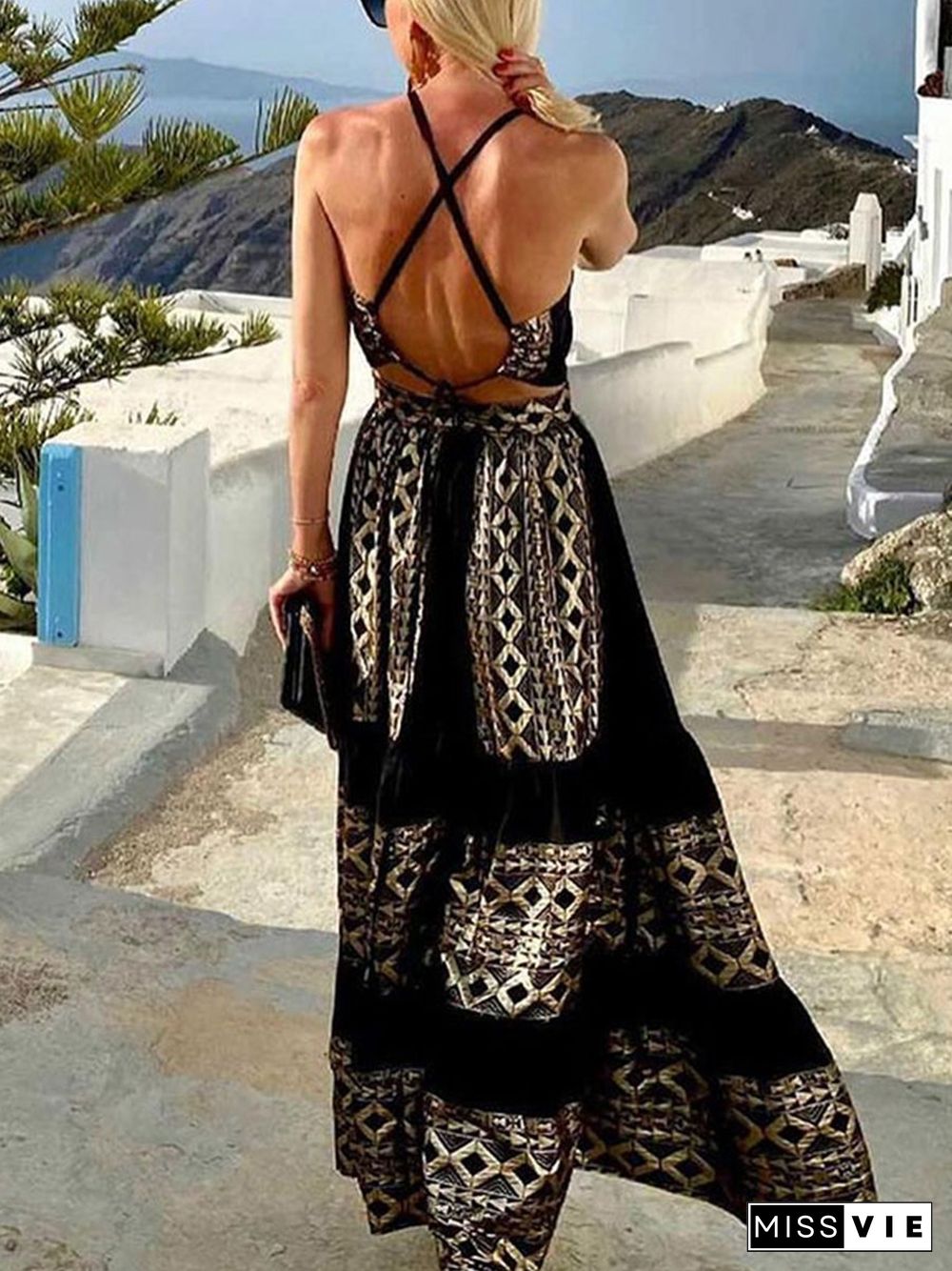 Bohemian Print Open Back Dress P10295