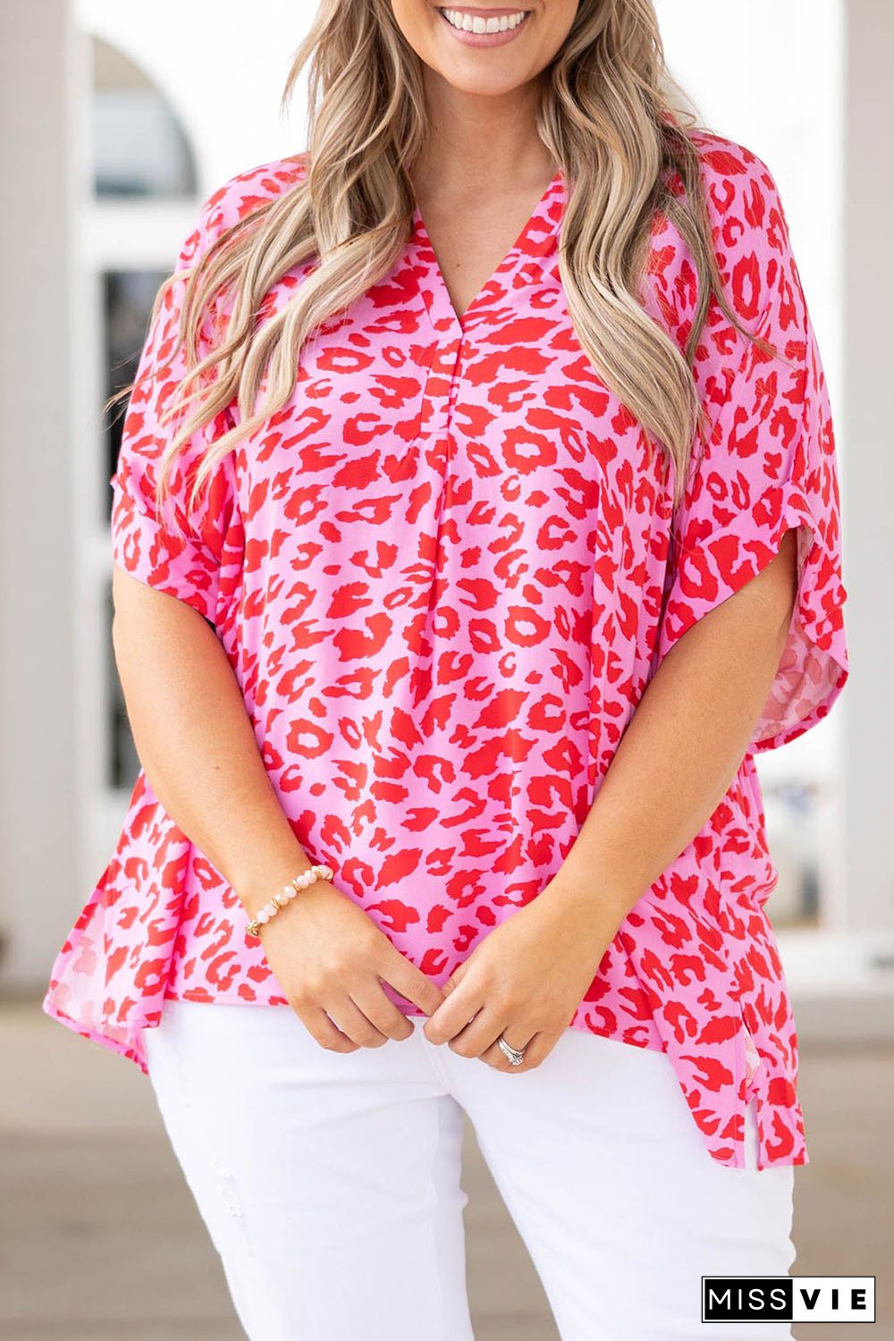 Rose Leopard Print V Neck Half Sleeve Plus Size Blouse