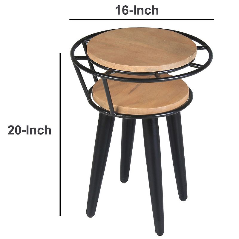 20 Inch Handcrafted Industrial End Table， 2 Tier Round Wood Shelves， Metal Frame， Oak Brown and Black