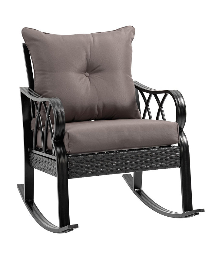 Outsunny Outdoor Wicker Rocking Chair with Padded Cushions Aluminum Furniture Rattan Porch Rocker Chair w  Armrest for Garden Patio and Backyard Grey