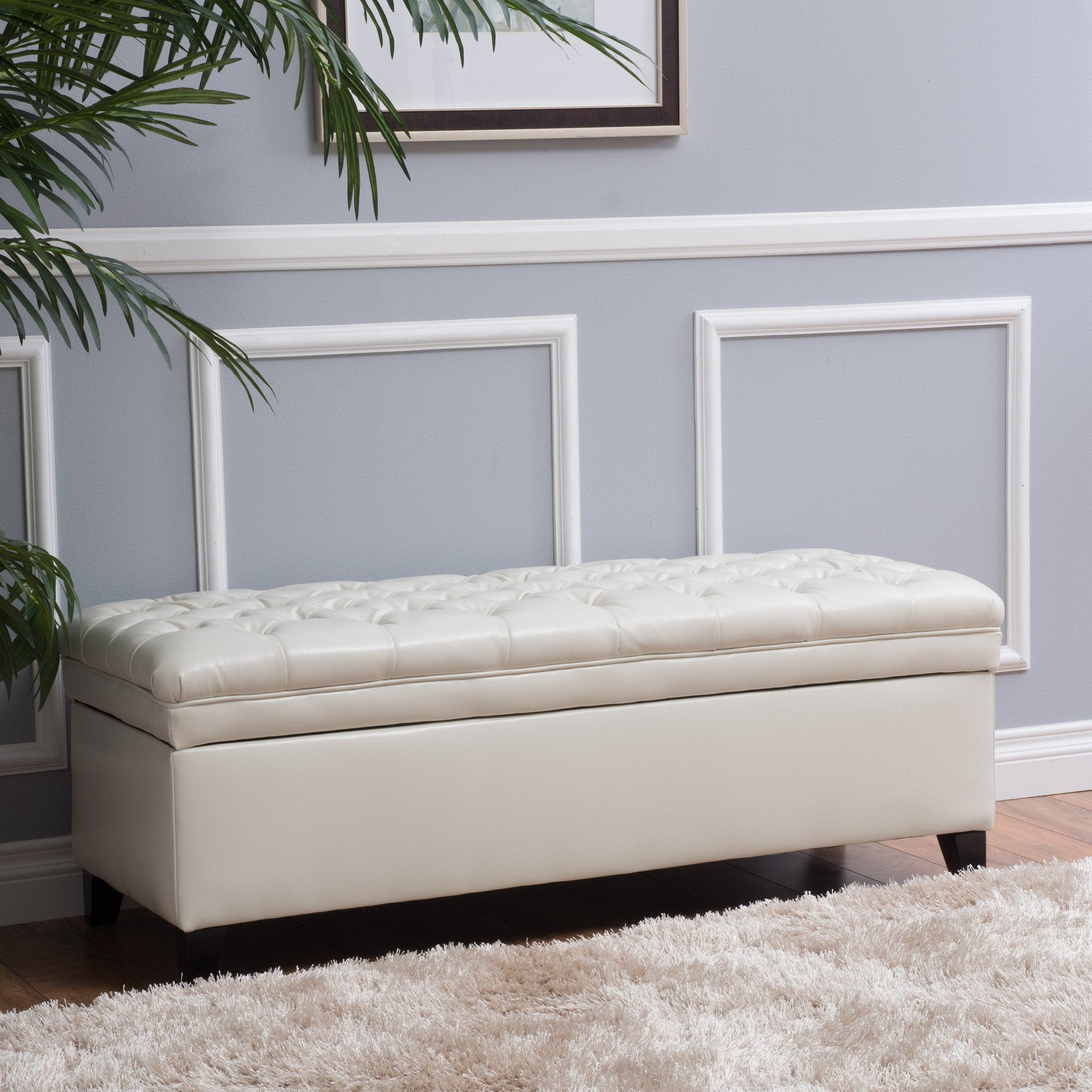 Laguna Button Tufted Leather Storage Ottoman Bench