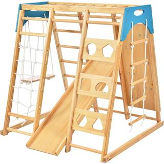 TIRAMISUBEST 8-in-1 Natural Indoor Kids Playset with Slide Climber Monkey Bars and Swing WFXY297448AAK