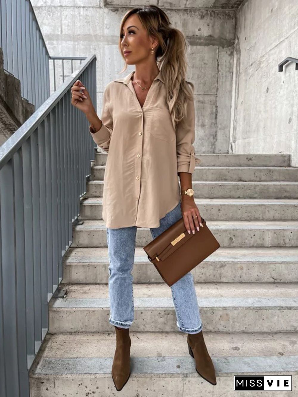 Trendy Long Sleeves Solid Color Lapel Collar Blouses