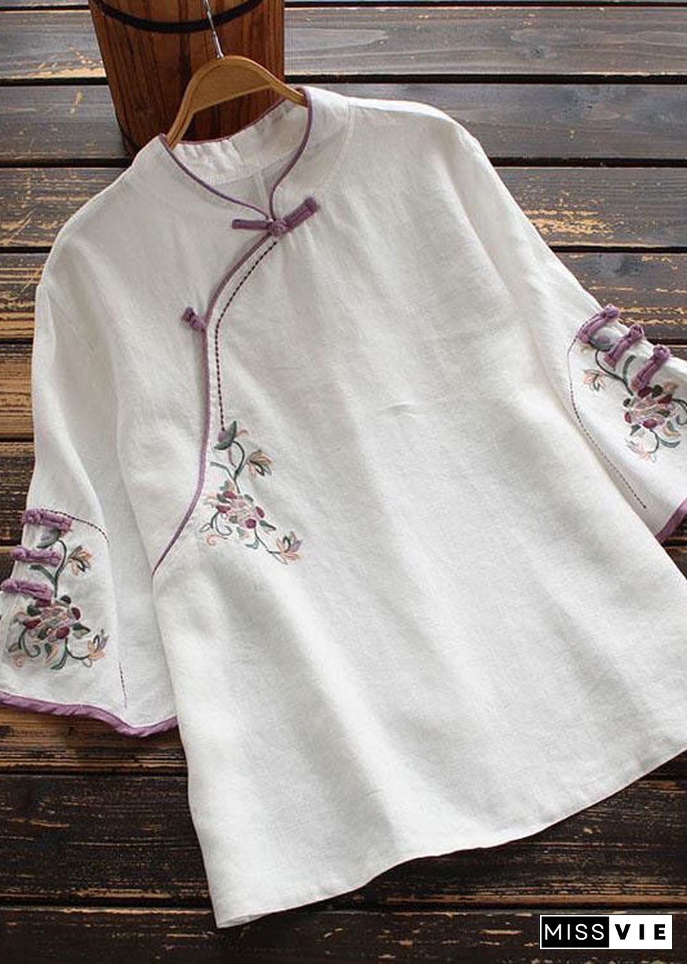 Casual White Embroideried Button Blouse Tops Half Sleeve