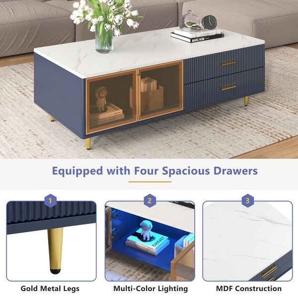 Coffee Table with 2 Glass Door Storage 4 Drawers Gold Metal Legs and MultiColor Lighting in 47.2''